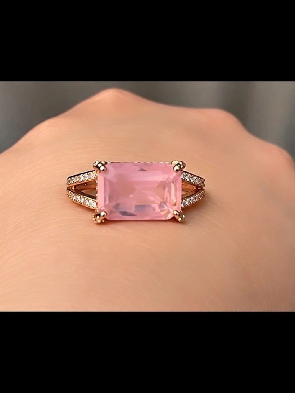 Bomb Party Pink Crystal Radiant Cut Cocktail Ring Gold Plated